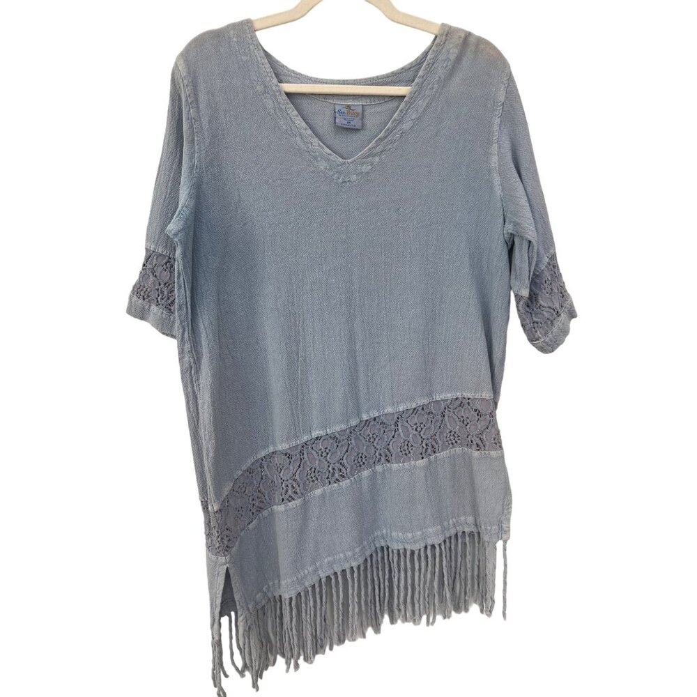 Sea Breeze Asymmetrical Lace Tunic Top Womens M Fringe Hem Blue Cotton Bohemian